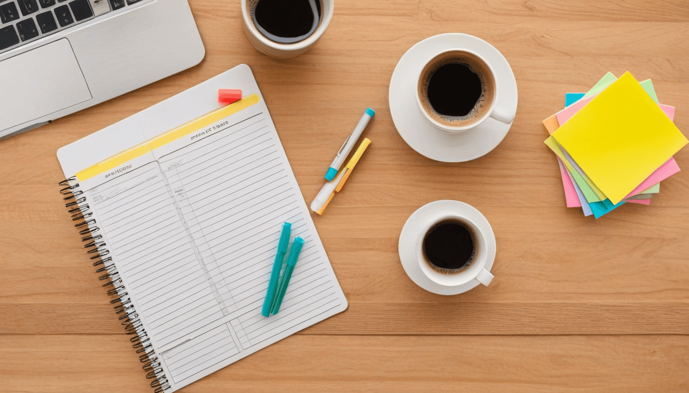 Overhead view of a teacher's desk with notebook, sticky notes, markers, and coffee while planning lessons