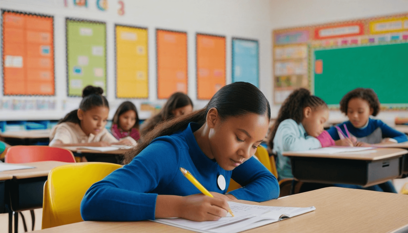 Diverse classroom with students engaged in learning at their desks