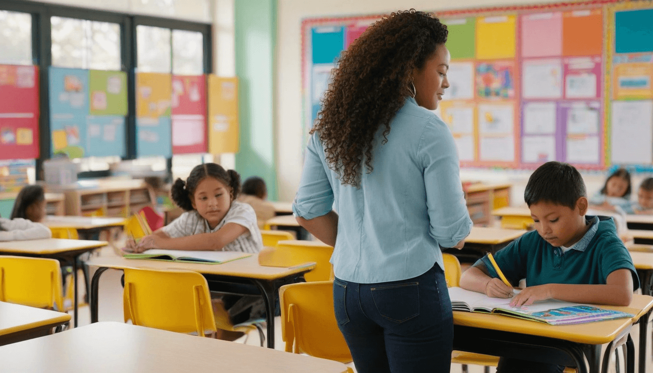 Teacher walking between student desks during an active classroom lesson