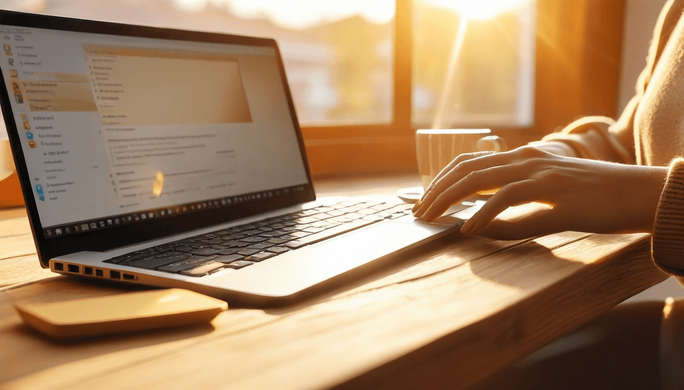 Close-up of a teacher's hands on a laptop with morning coffee nearby, planning the school day
