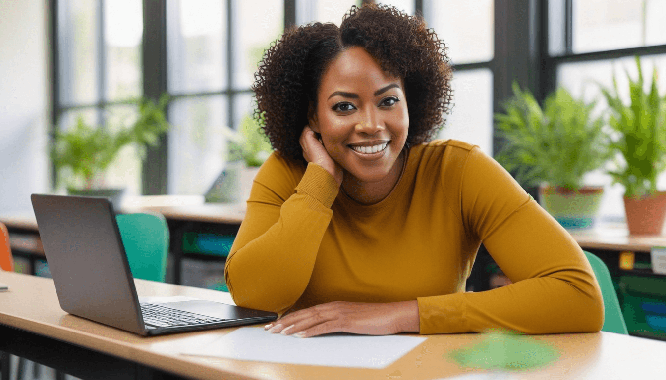 Teacher at her desk with laptop open, saving time on lesson planning with AI